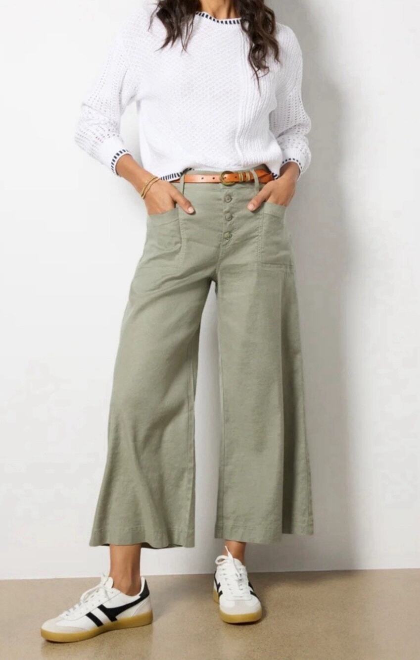 Evereve Women's Joelle Wide Leg Pants Blue Size 32 Linen Blend Cropped Beach
